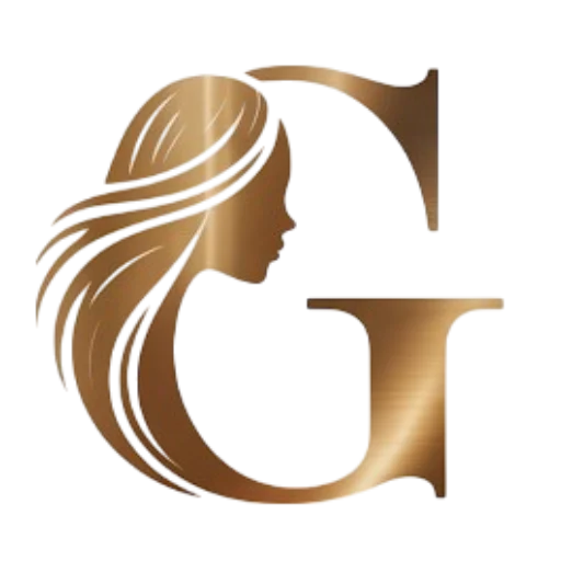 Elegant gold metallic letter G logo featuring a woman's face with flowing hair silhouette – perfect for luxury spa or beauty center branding.