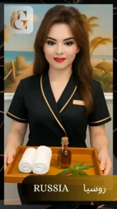 A Russian spa therapist wearing a black uniform with gold trim, standing at Golden Massage Center in Prime Hotel, Nakheel, Ras Al Khaimah. She holds a wooden tray with two rolled white towels, a small glass oil bottle with cork top, and a green herbal leaf. The background features a scenic beach wall painting, enhancing the luxurious spa atmosphere.